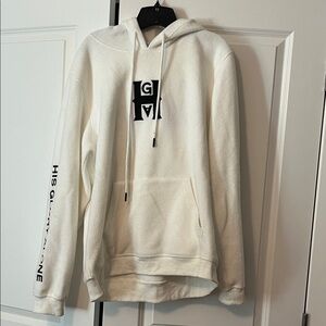 Native Supply White His Glory Alone Teddy Hoodie size large KB HGA Sheep Wool